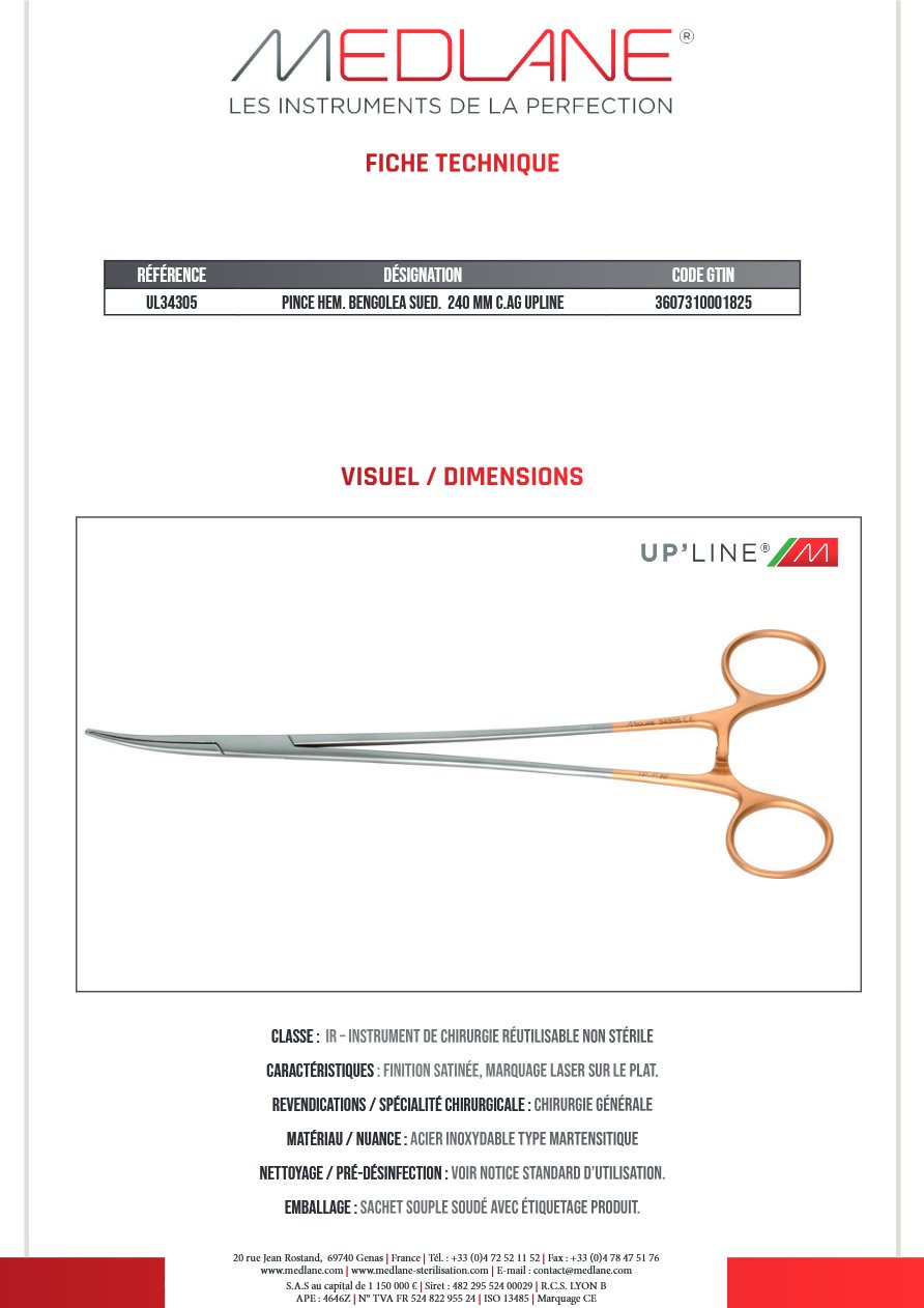Pince Hémostatique Bengolea Sued. 240 mm C. avec Griffes Upline — REF UL34305