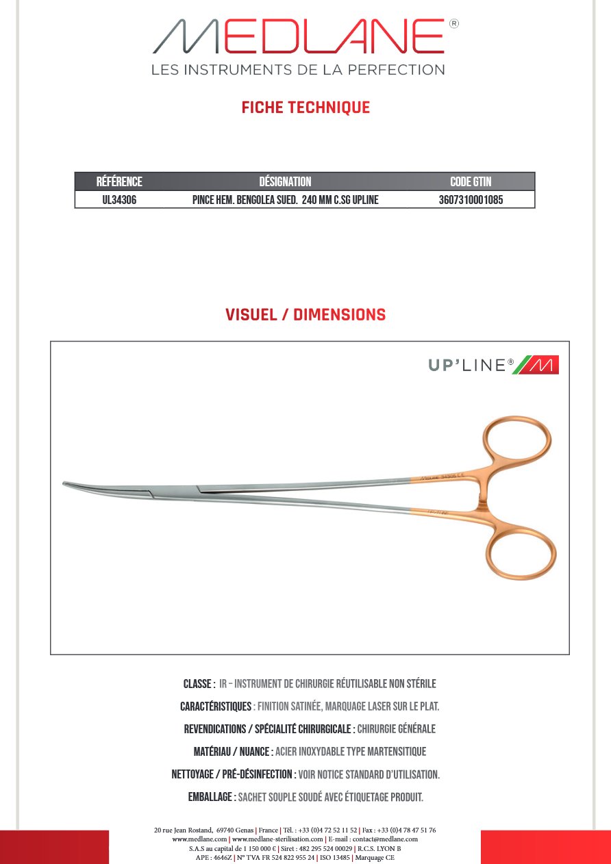 Pince Hémostatique Bengolea Sued. 240 mm C. sans Griffes Upline — REF UL34306