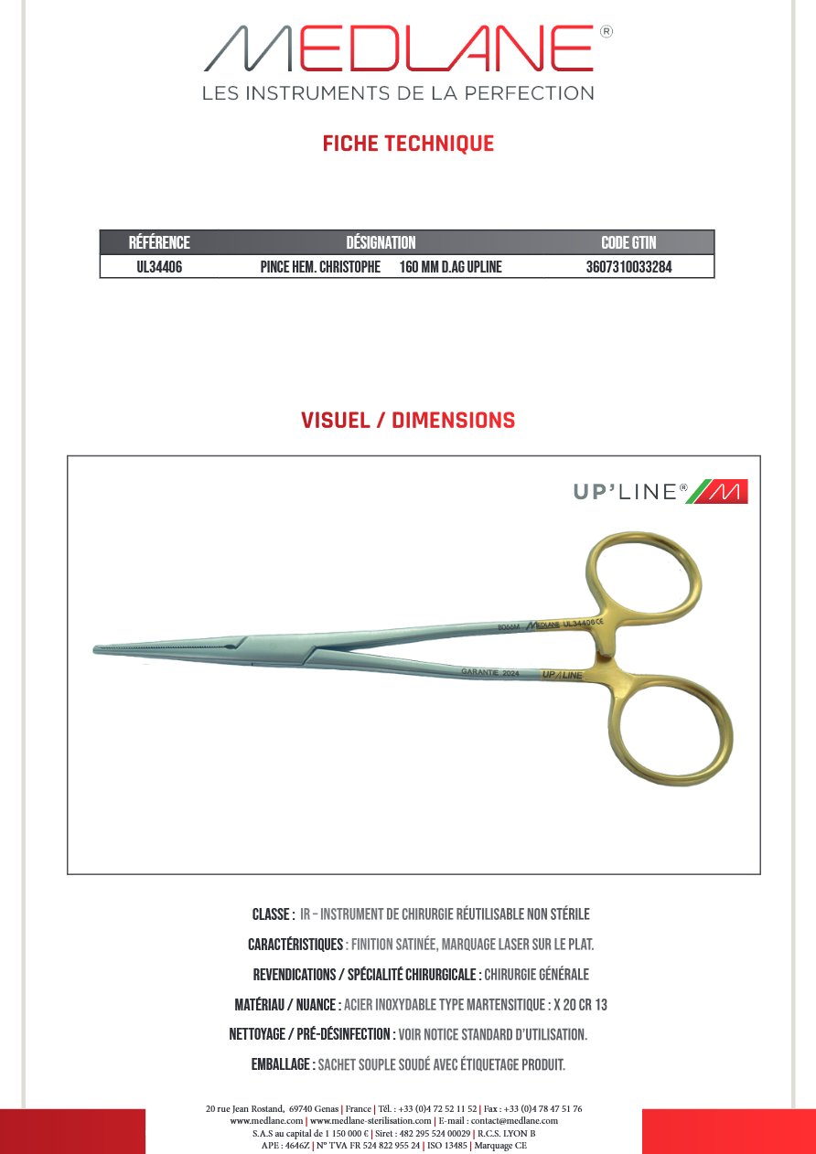 Pince Hémostatique Christophe 160 mm D. avec Griffes Upline — REF UL34406