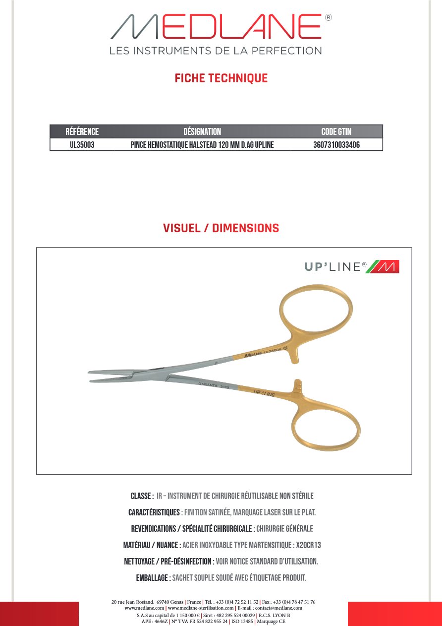 Pince Hémostatique Halstead 120 mm D. avec Griffes Upline — REF UL35003