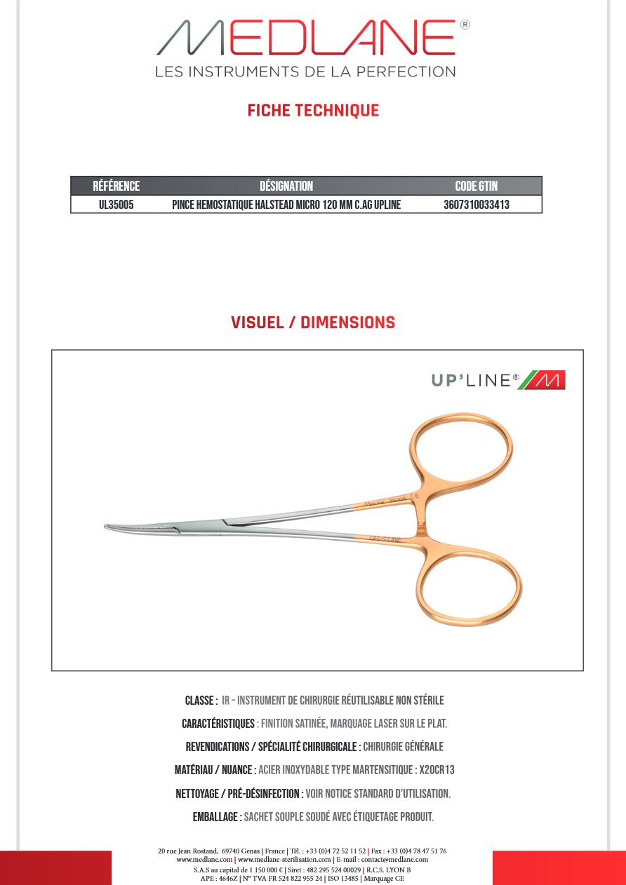 Pince Hémostatique Halstead Micro 120 mm C. avec Griffes Upline — REF UL35005