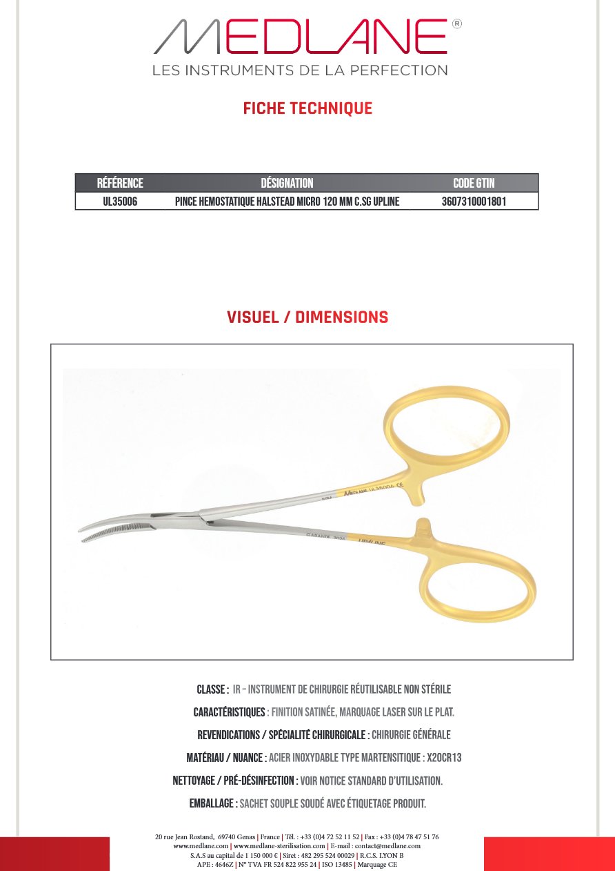 Pince Hémostatique Halstead Micro 120 mm C. sans Griffes Upline — REF UL35006