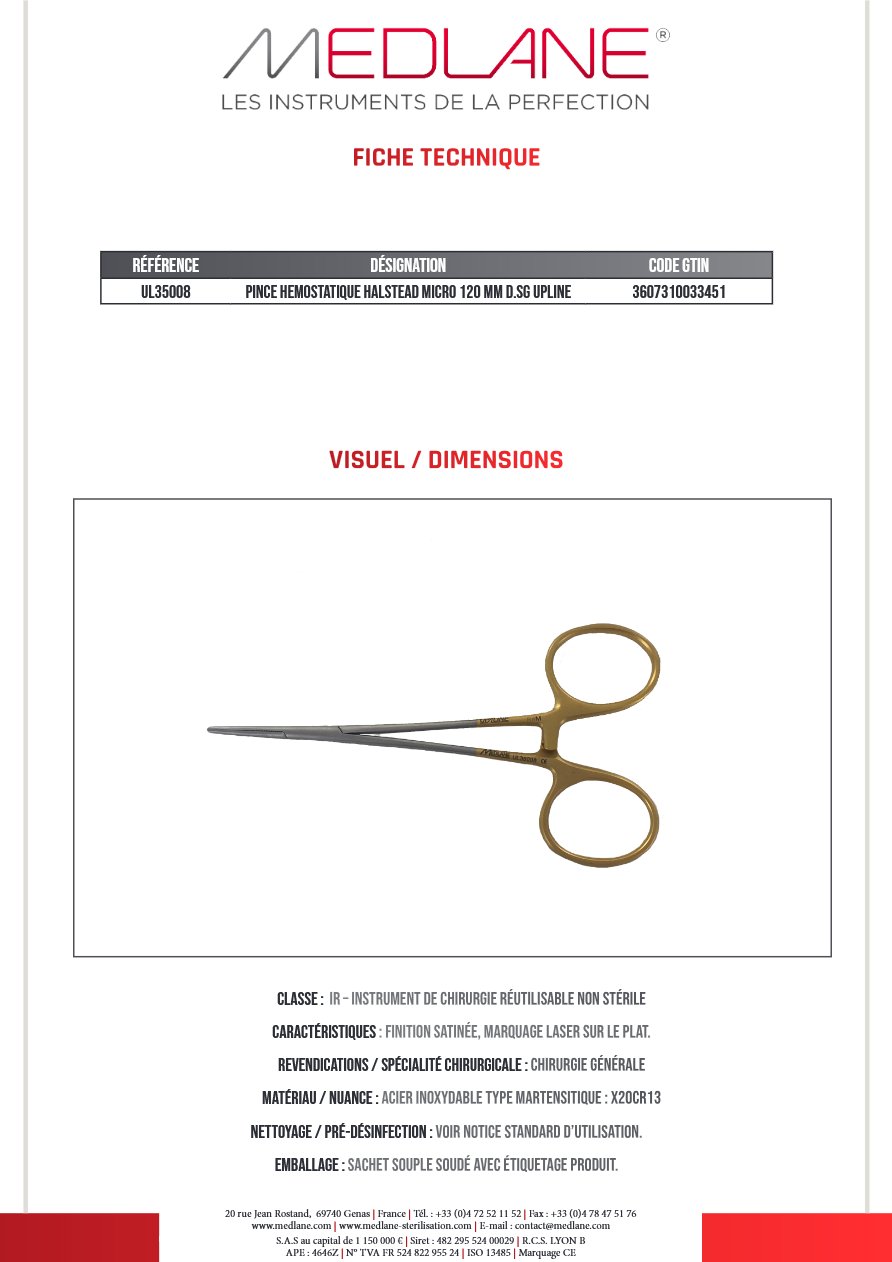 Pince Hémostatique Halstead Micro 120 mm D. sans Griffes Upline — REF UL35008