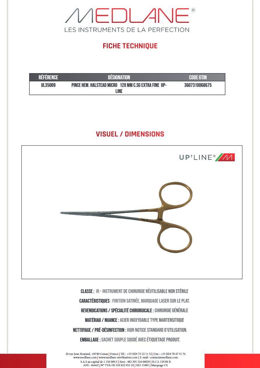 Pince Hémostatique Halstead Micro 120 mm C. sans Griffes Extra Fine Up-line — REF UL35009