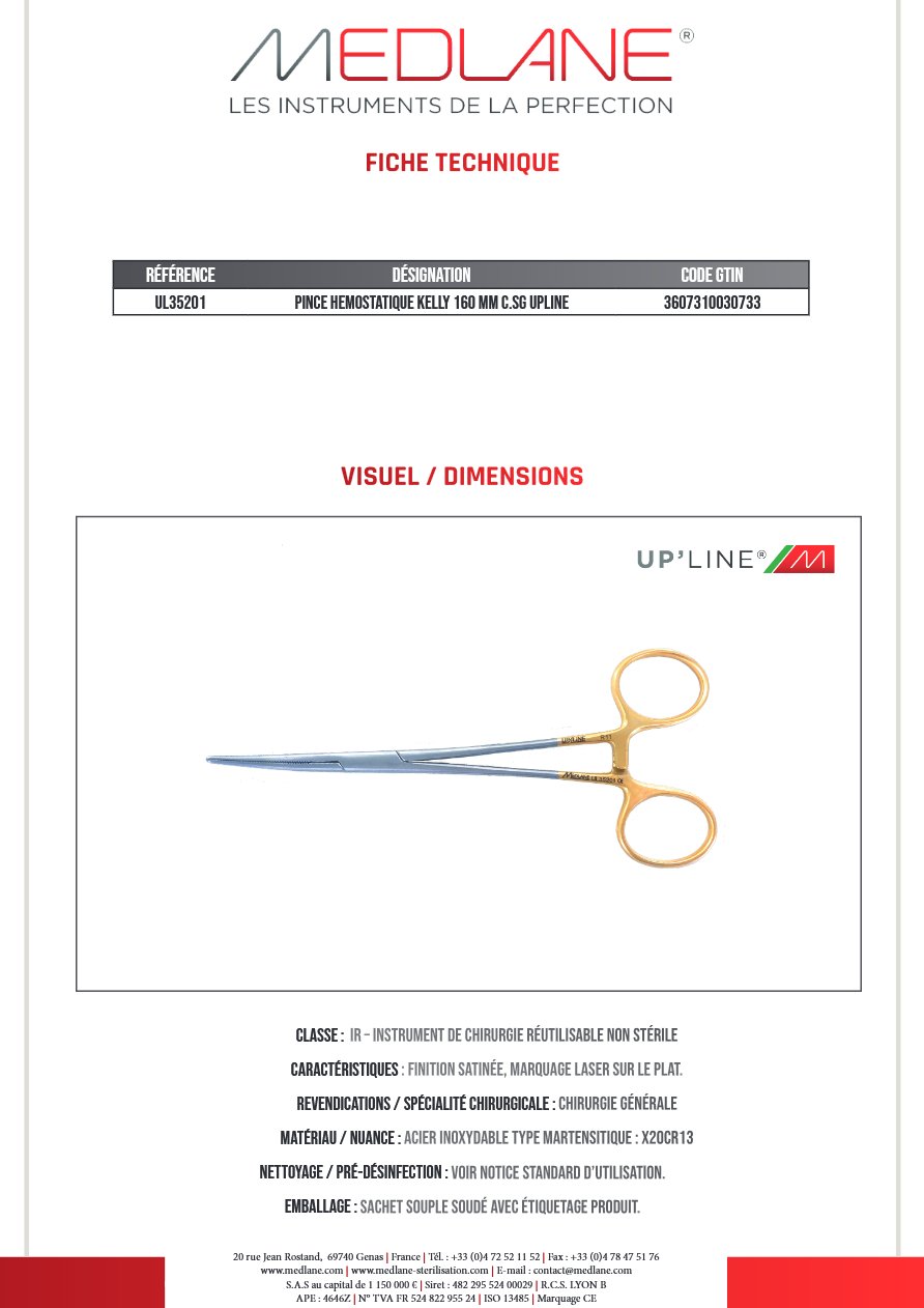 Pince Hémostatique Kelly 160 mm C. sans Griffes Upline — REF UL35201