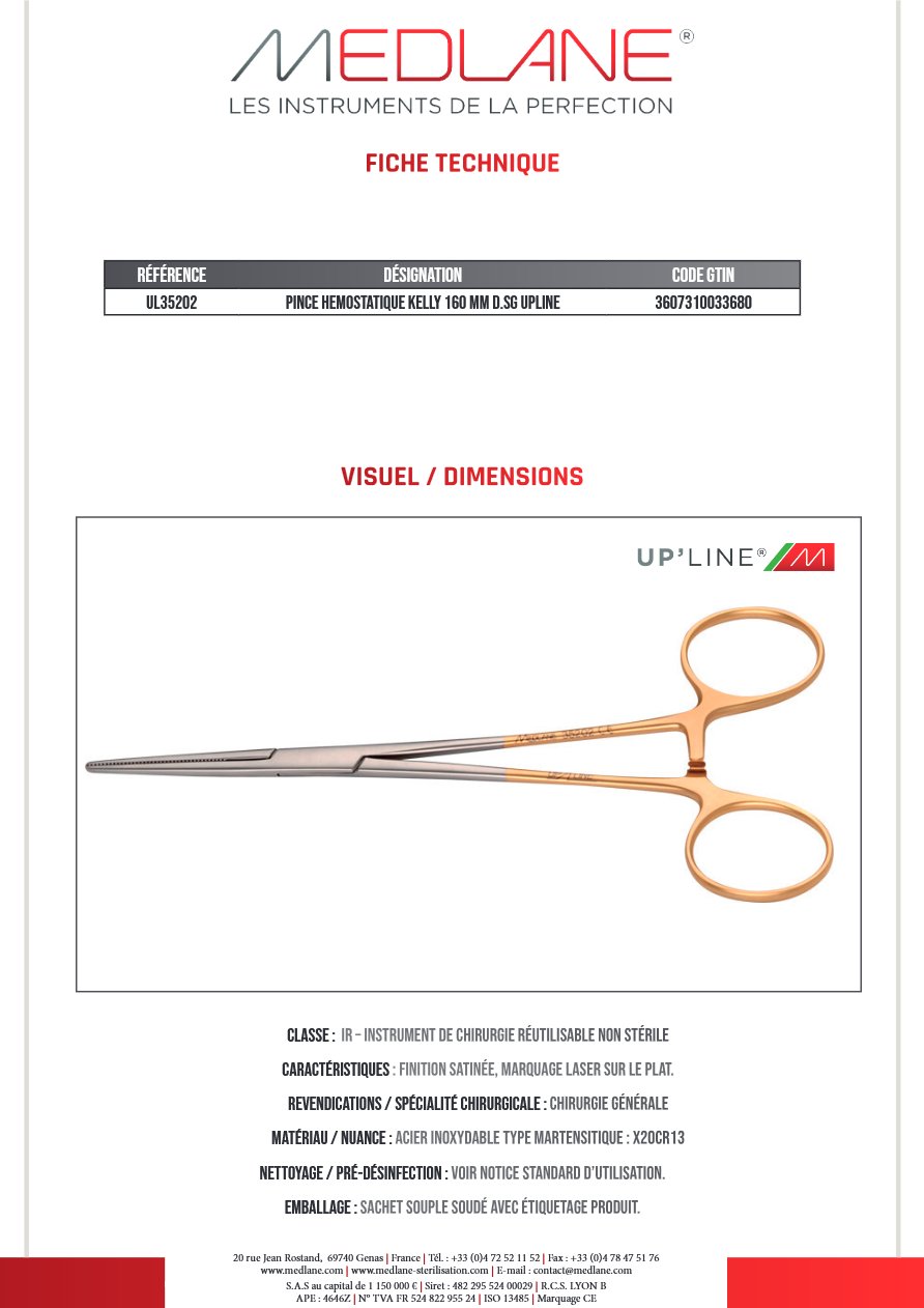 Pince Hémostatique Kelly 160 mm D. sans Griffes Upline — REF UL35202