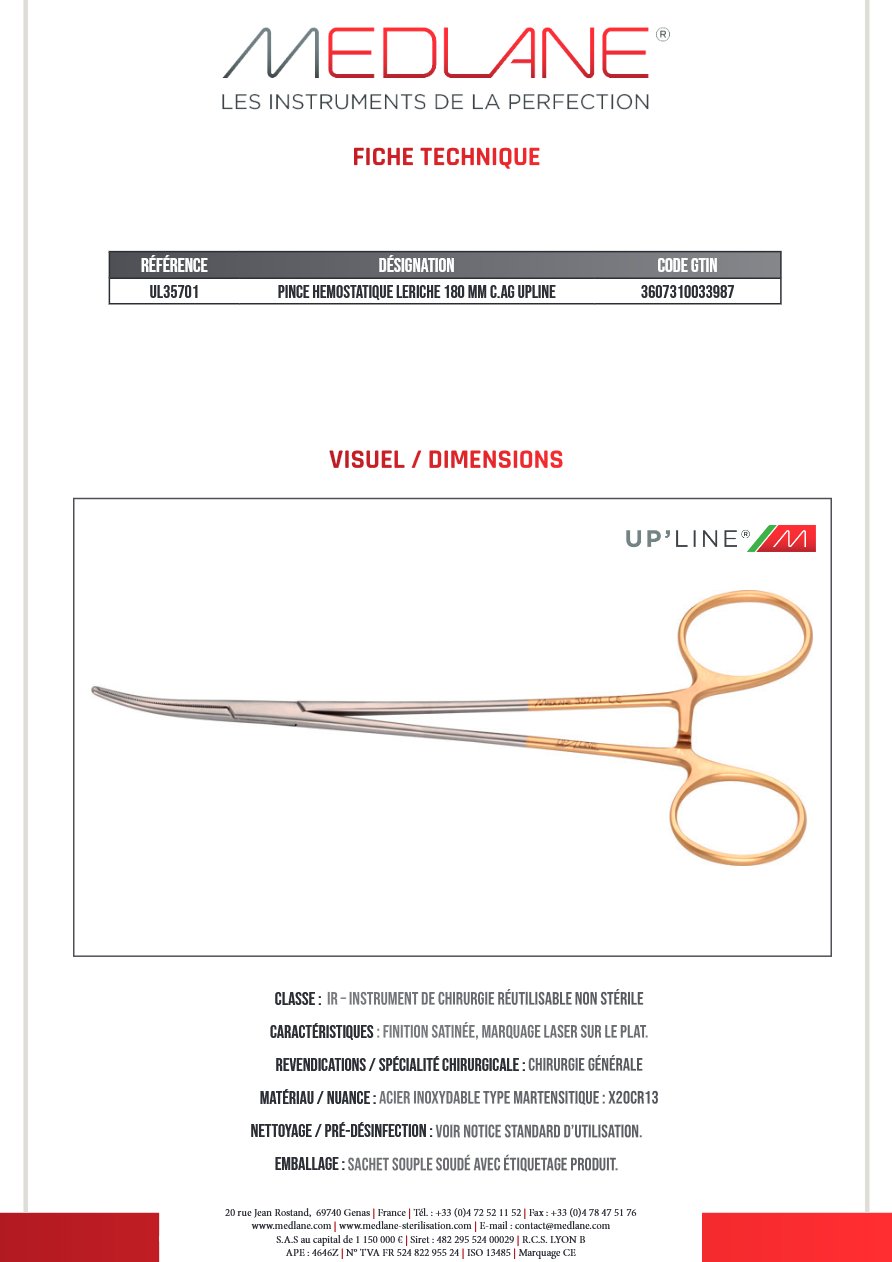 Pince Hémostatique Leriche 180 mm C. avec Griffes Upline — REF UL35701