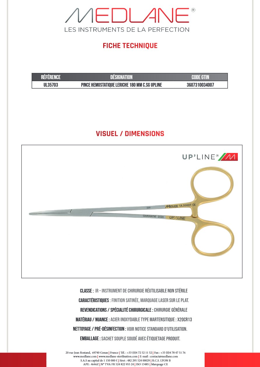 Pince Hémostatique Leriche 180 mm C. sans Griffes Upline — REF UL35703