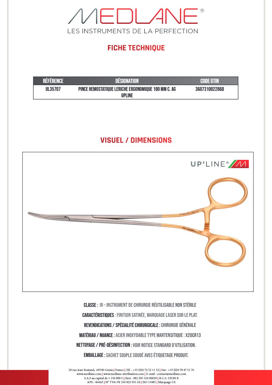 Pince Hémostatique Leriche Ergon 180 mm C. avec Griffes Upline — REF UL35707