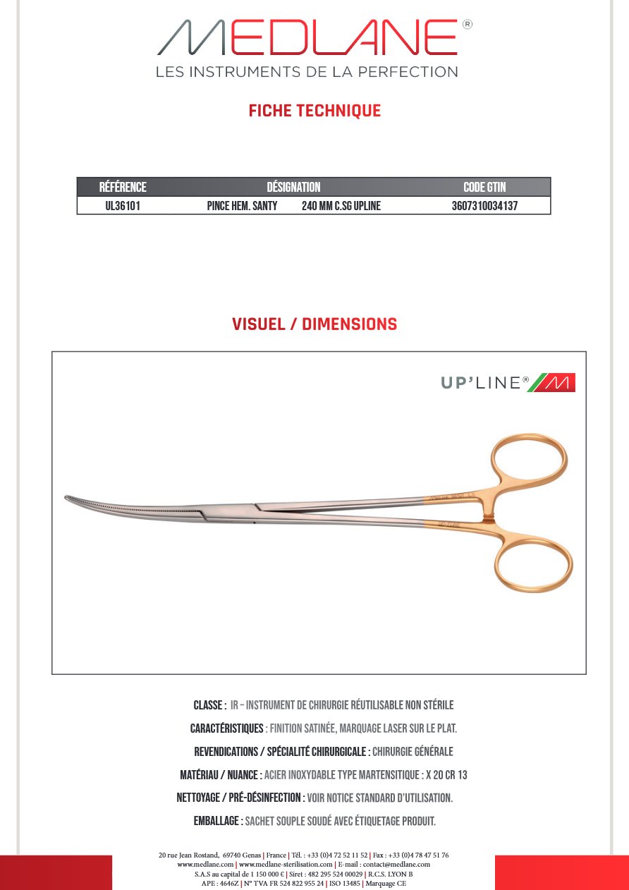 Pince Hémostatique Santy 240 mm C. sans Griffes Upline — REF UL36101
