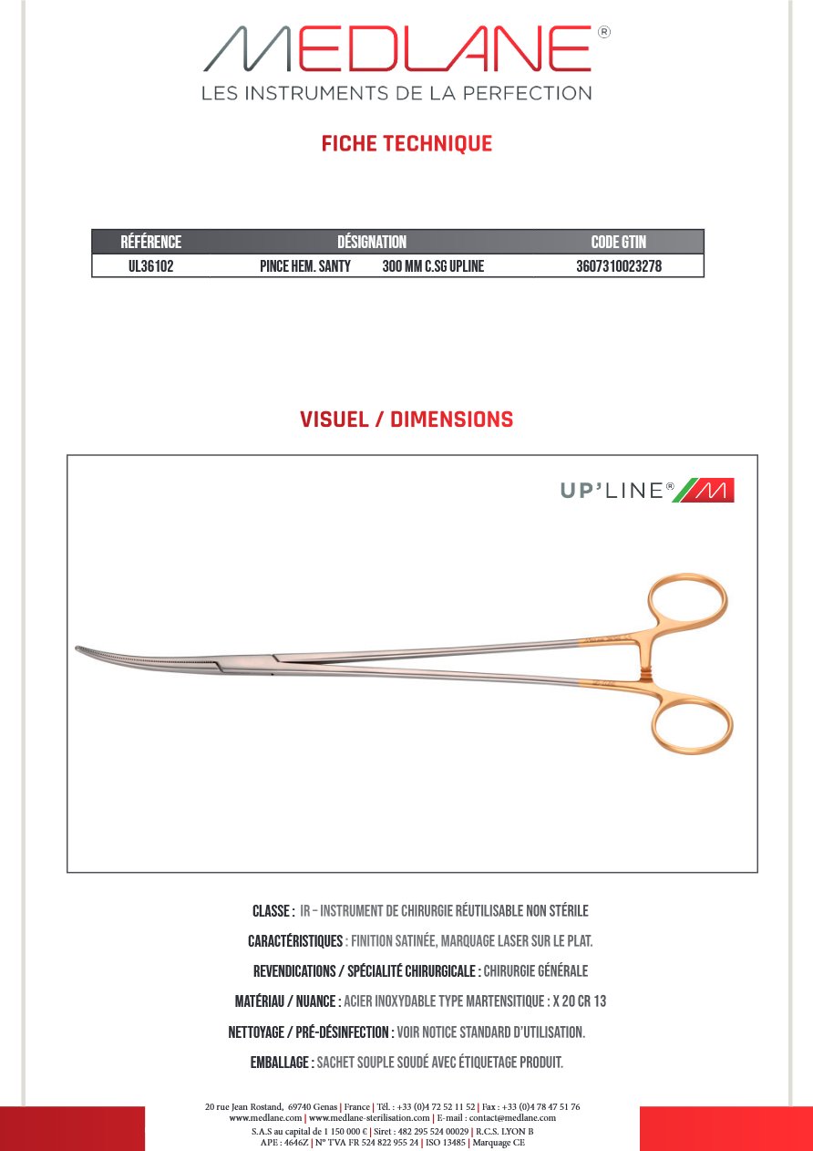 Pince Hémostatique Santy 300 mm C. sans Griffes Upline — REF UL36102