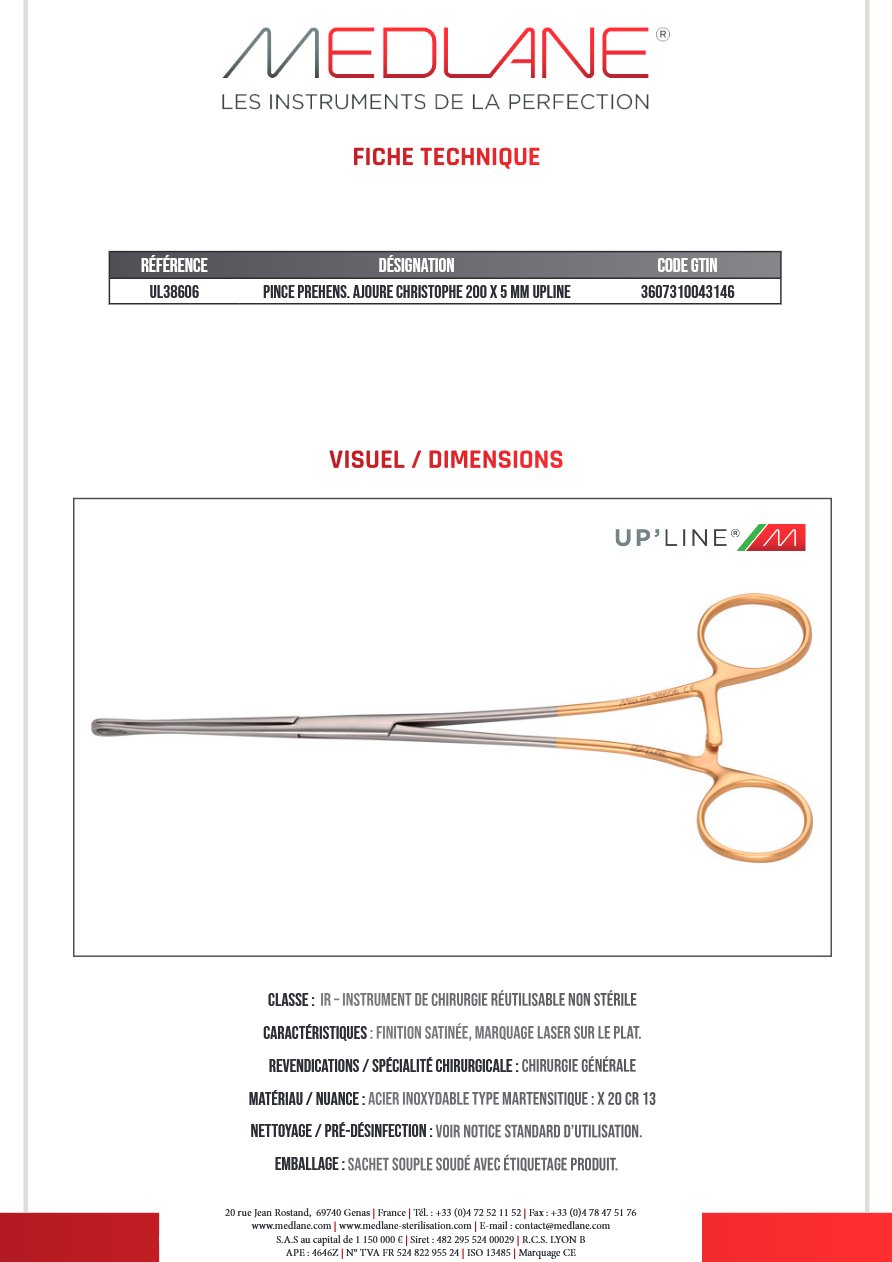 Pince Préhension Ajouré Christophe 200 X 5 mm Upline — REF UL38606