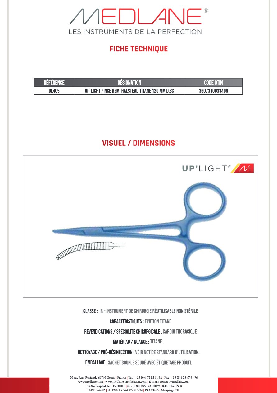 Up-light Pince Hémostatique Halstead Titane 120 mm D. sans Griffes — REF UL405