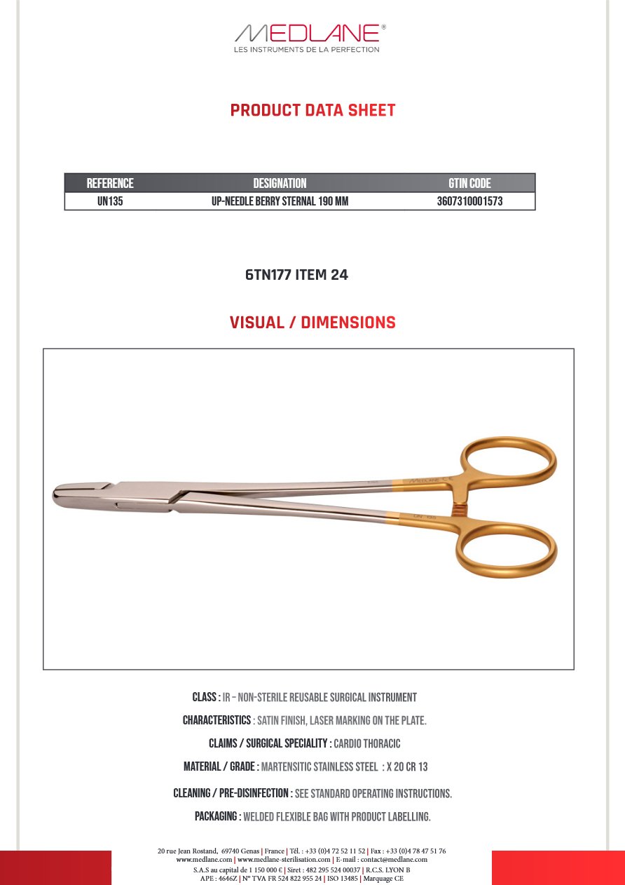 Up-needle Berry Sternal 190 mm Fils Acier — REF UN135