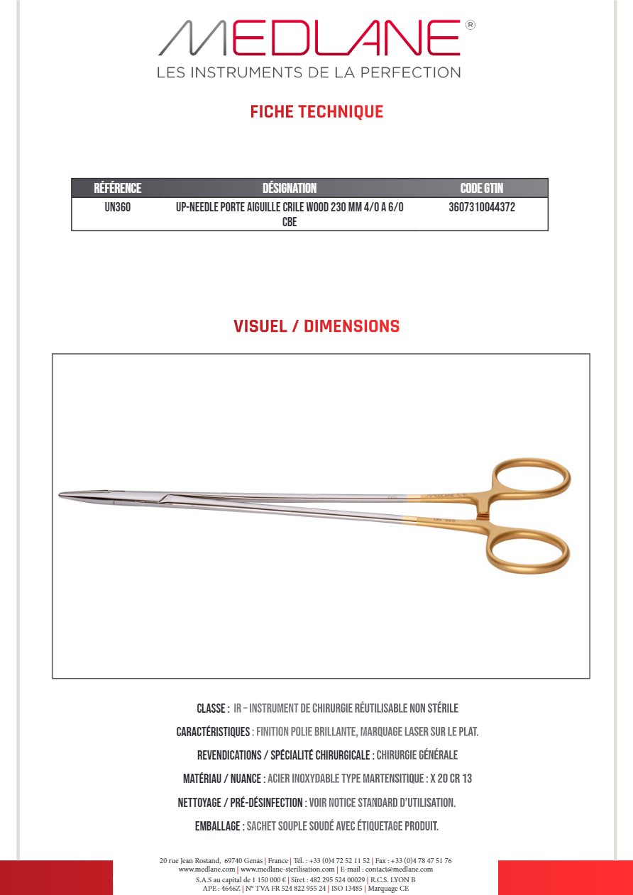 Up-needle Porte Aiguille Crile Wood 230 mm 4/0 a 6/0 Courbe — REF UN360