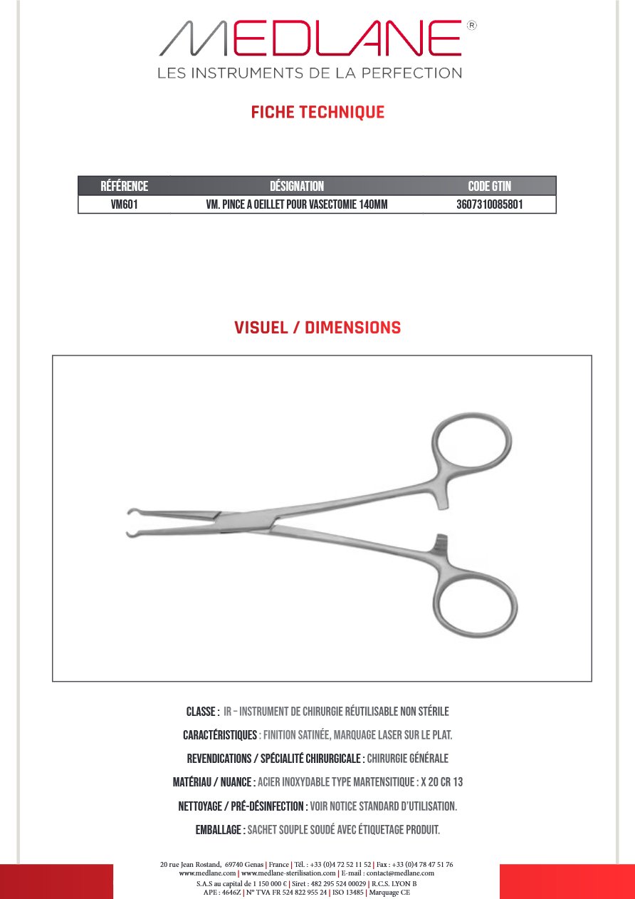 Valve mitrale PINCE A OEILLET POUR VASECTOMIE 140MM — REF VM601