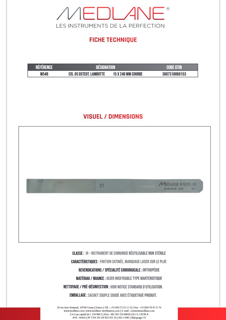 Ciseaux Os Ostéotome Lambotte 15 X 240 mm Courbe — REF W548