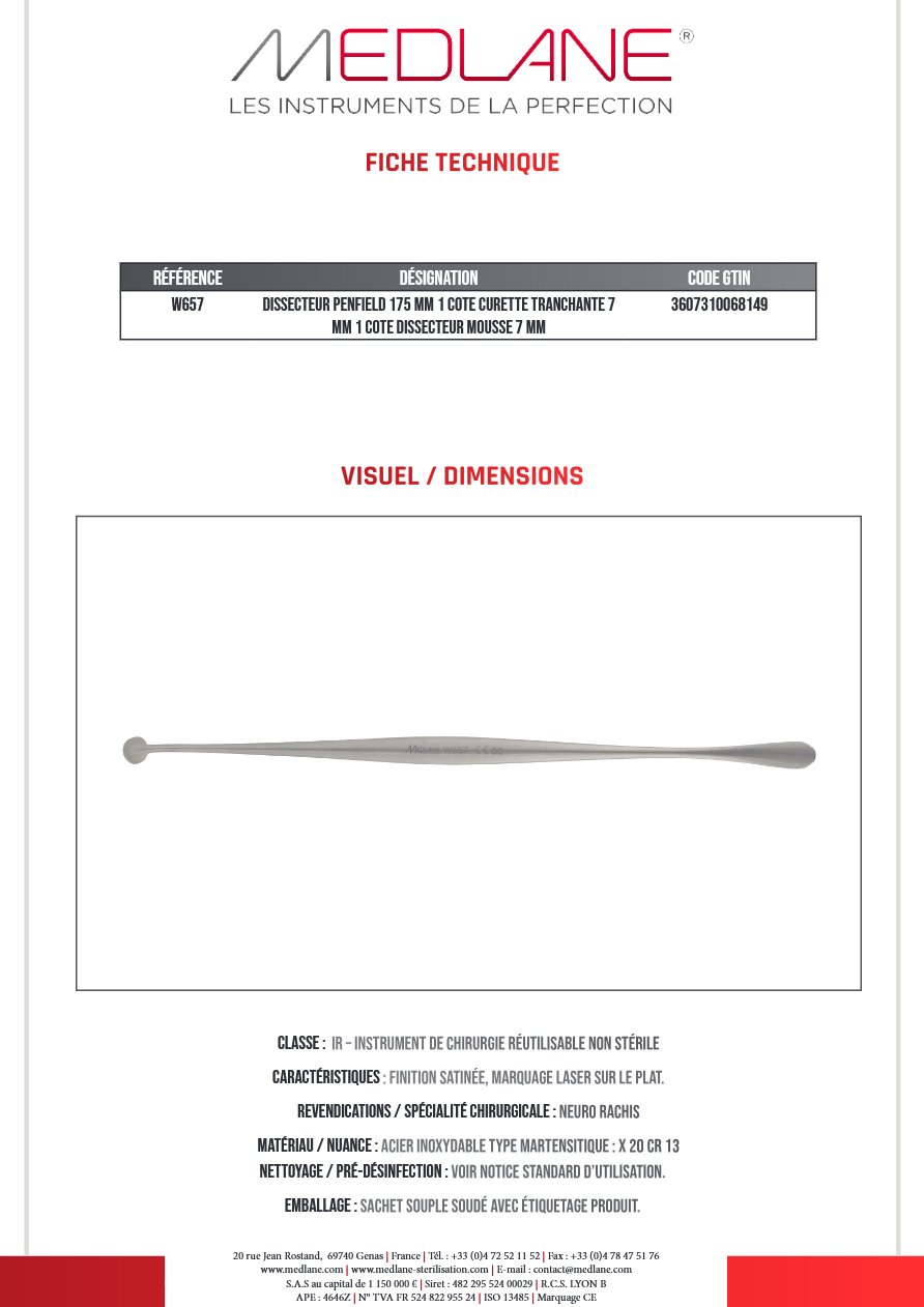 Dissecteur Penfield 175 mm 1 Cote Curette Tranchante 7 mm 1 Cote Dissecteur Mousse 7 mm — REF W657