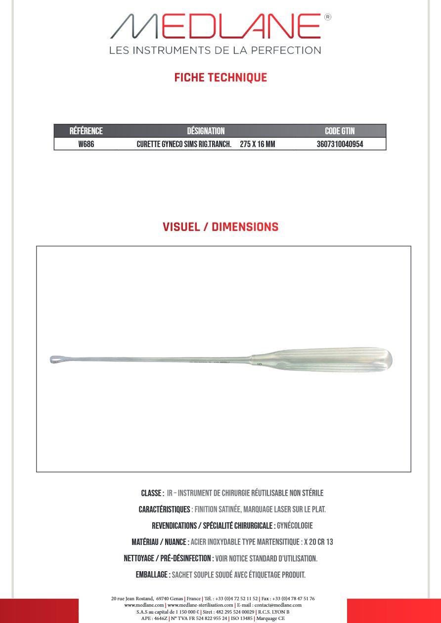 Curette Gynécologique Sims Rigide tranch 275 X 16 mm — REF W686