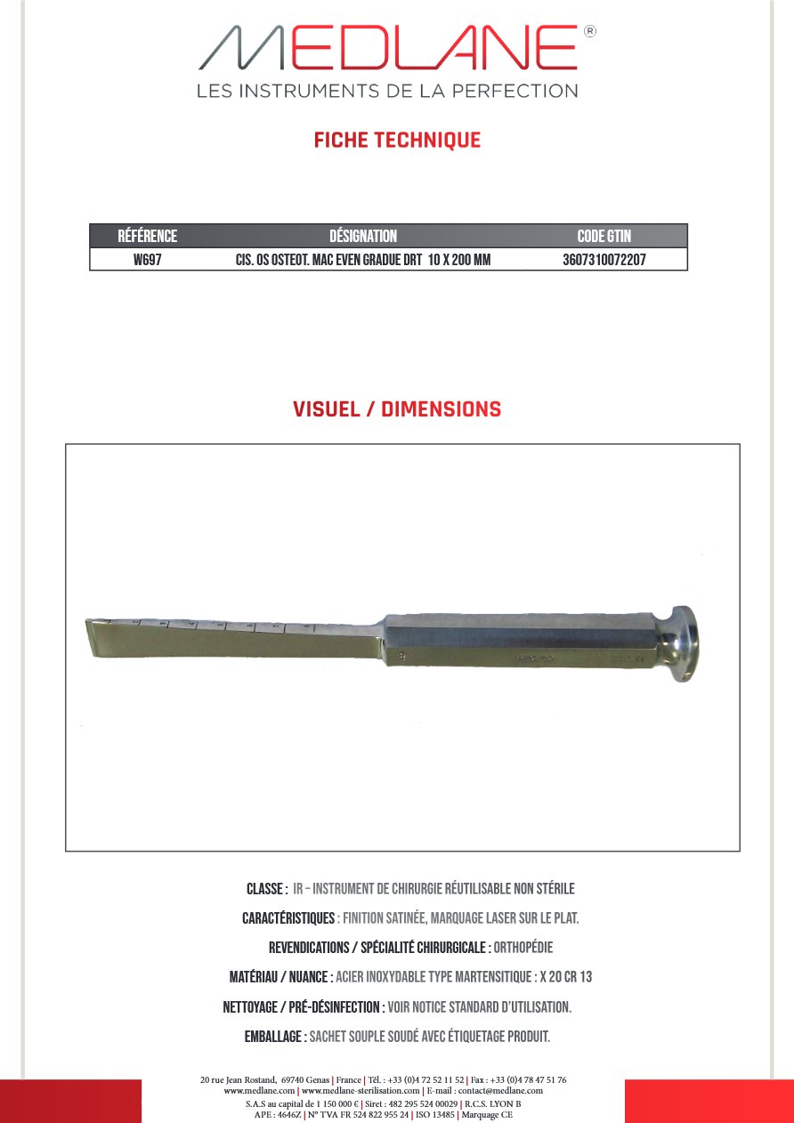 Ciseaux Os Ostéotome Mac Even Gradue Droit 10 X 200 mm — REF W697