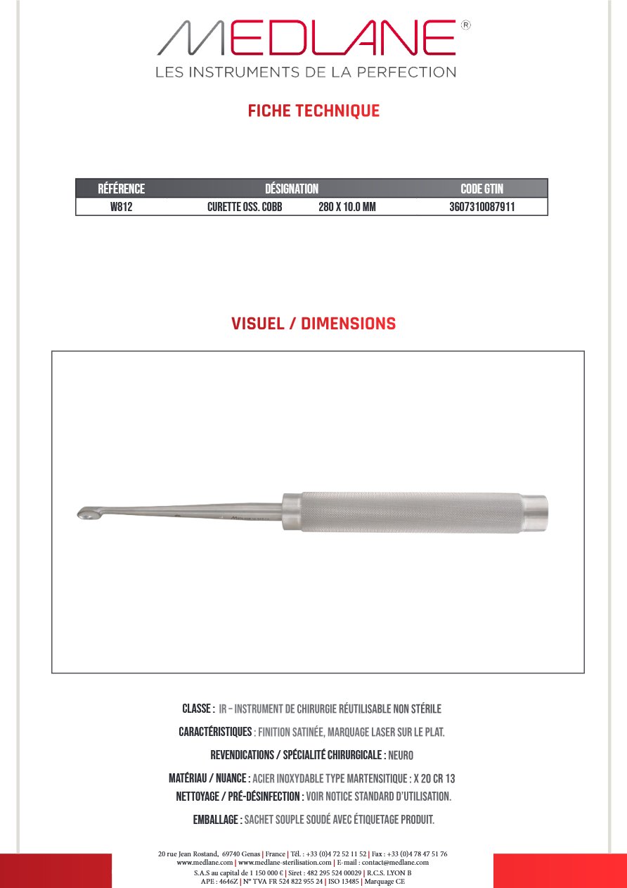 Curette Osseuse Cobb 280 X 10.0 mm — REF W812