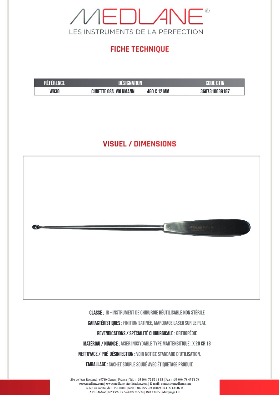Curette Osseuse Volkmann 460 X 12 mm — REF W830