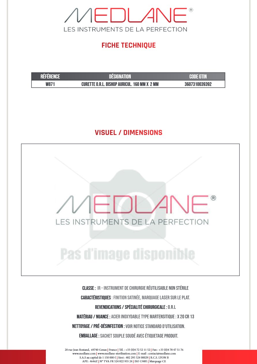 Curette O.R.L. Bishop Auricul 160 mm X 2 mm — REF W871