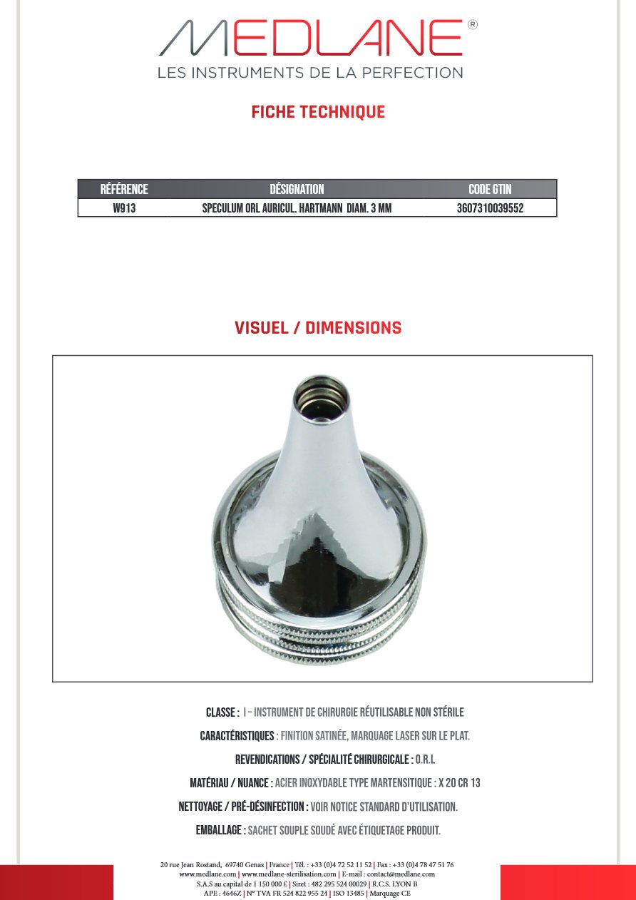 Speculum O.R.L. Auricul Hartmann Diam. 3 mm — REF W913