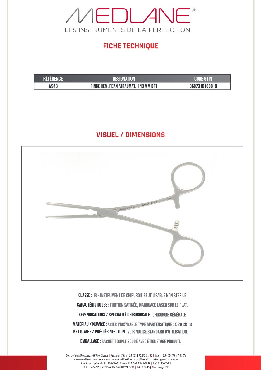 Photo produit MEDLANE : Pince Hémostatique Pean Atraumat 140 mm Droit, référence W948