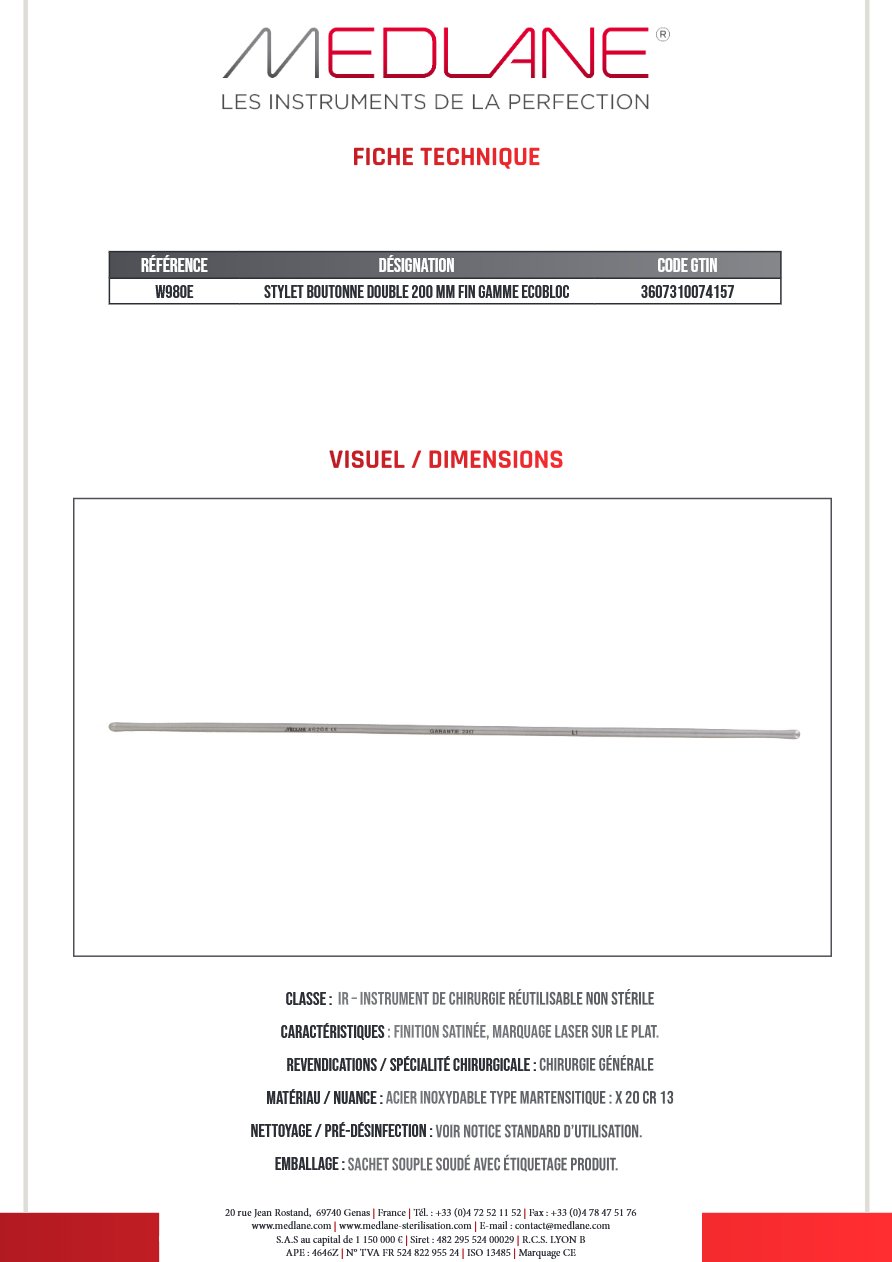 Stylet Boutonne Double 200 mm Fin — REF W980