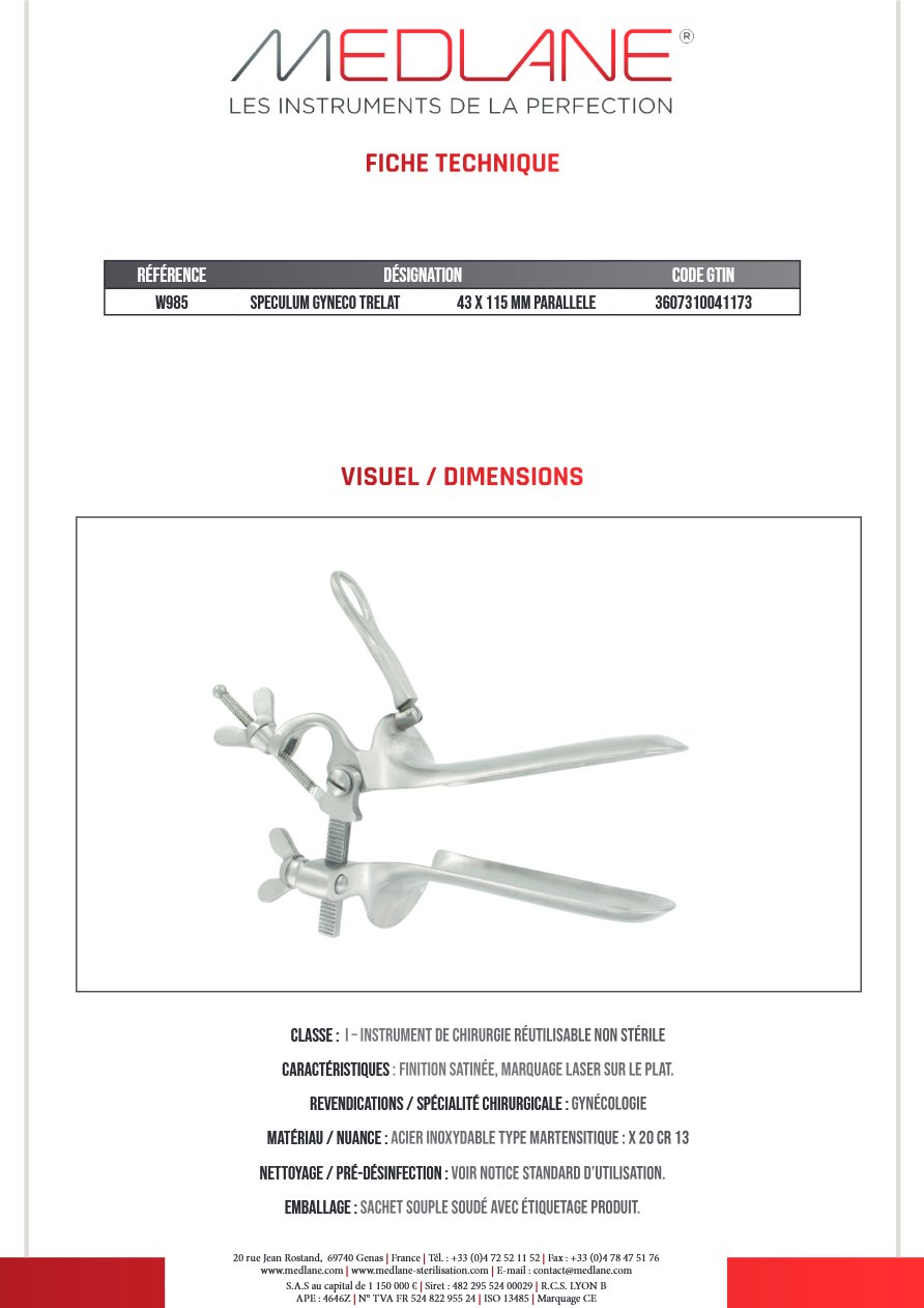 Speculum Gynécologique Trelat 43 X 115 mm Parallele — REF W985