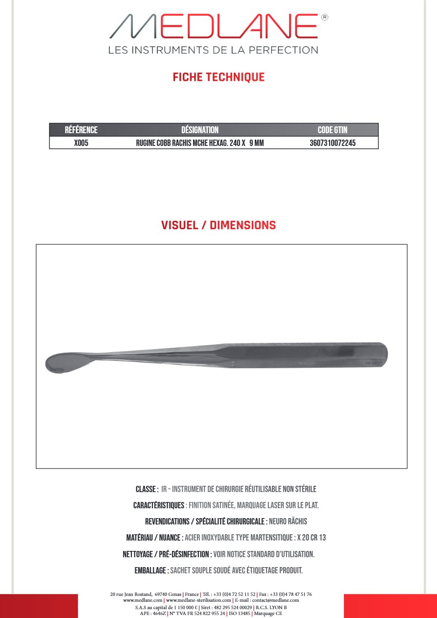 Rugine Cobb Rachis Mche Hexag 240 X 9 mm — REF X005