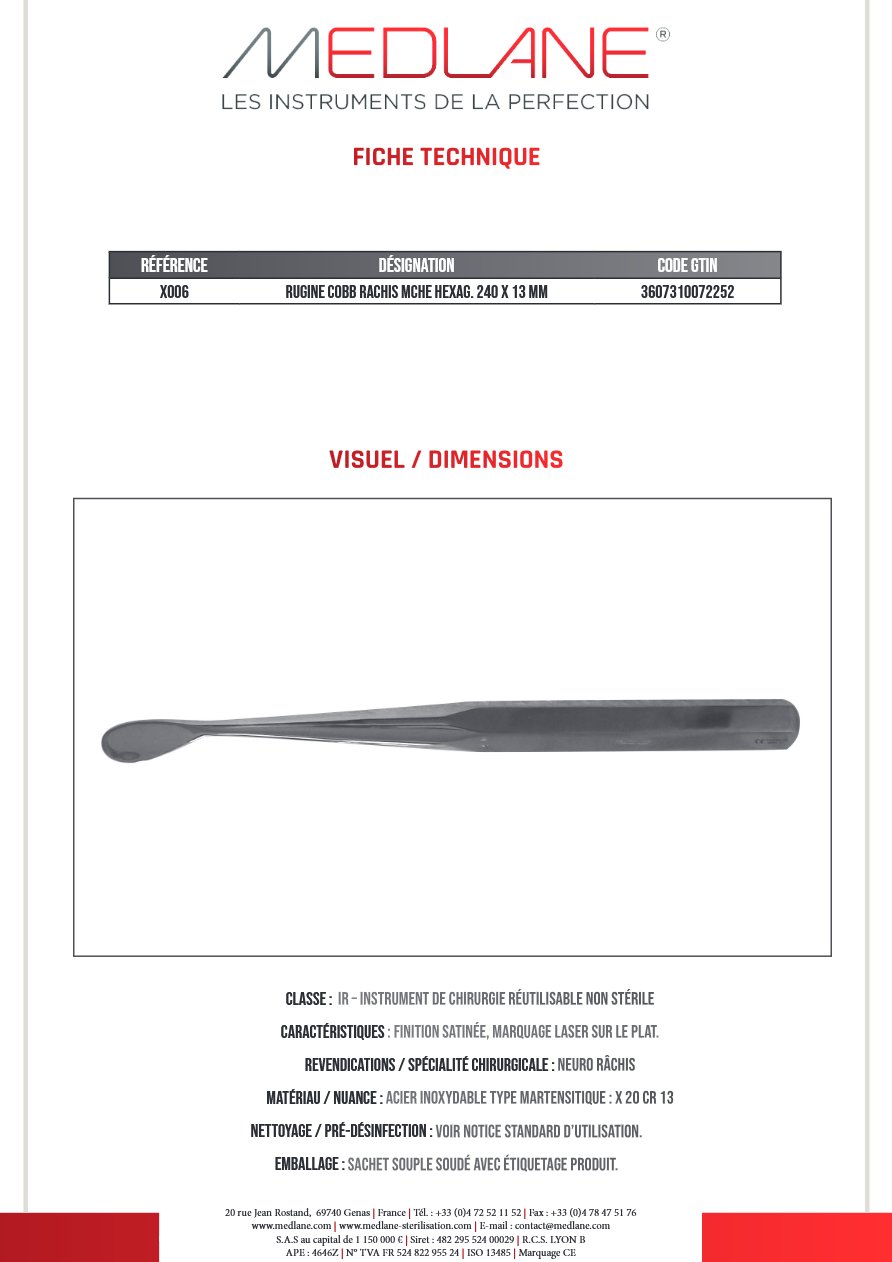 Rugine Cobb Rachis Mche Hexag 240 X 13 mm — REF X006