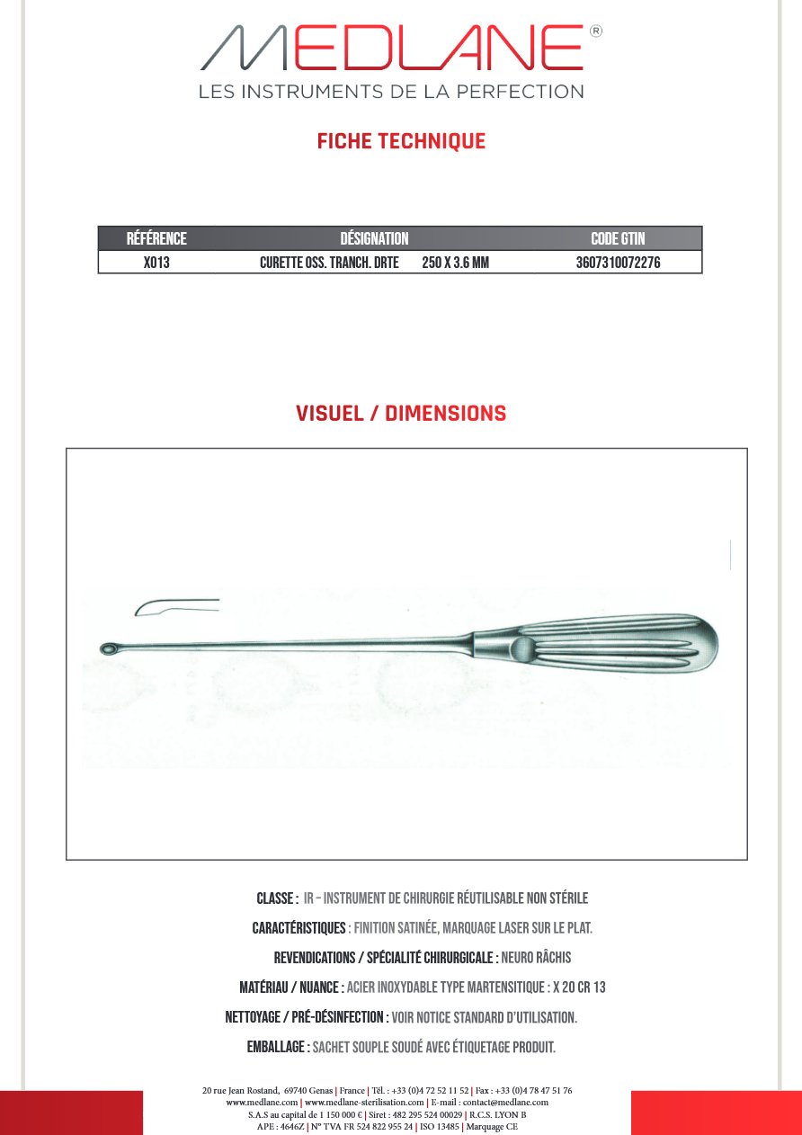 Curette Osseuse Tranchant Droite 250 X 3.6 mm — REF X013