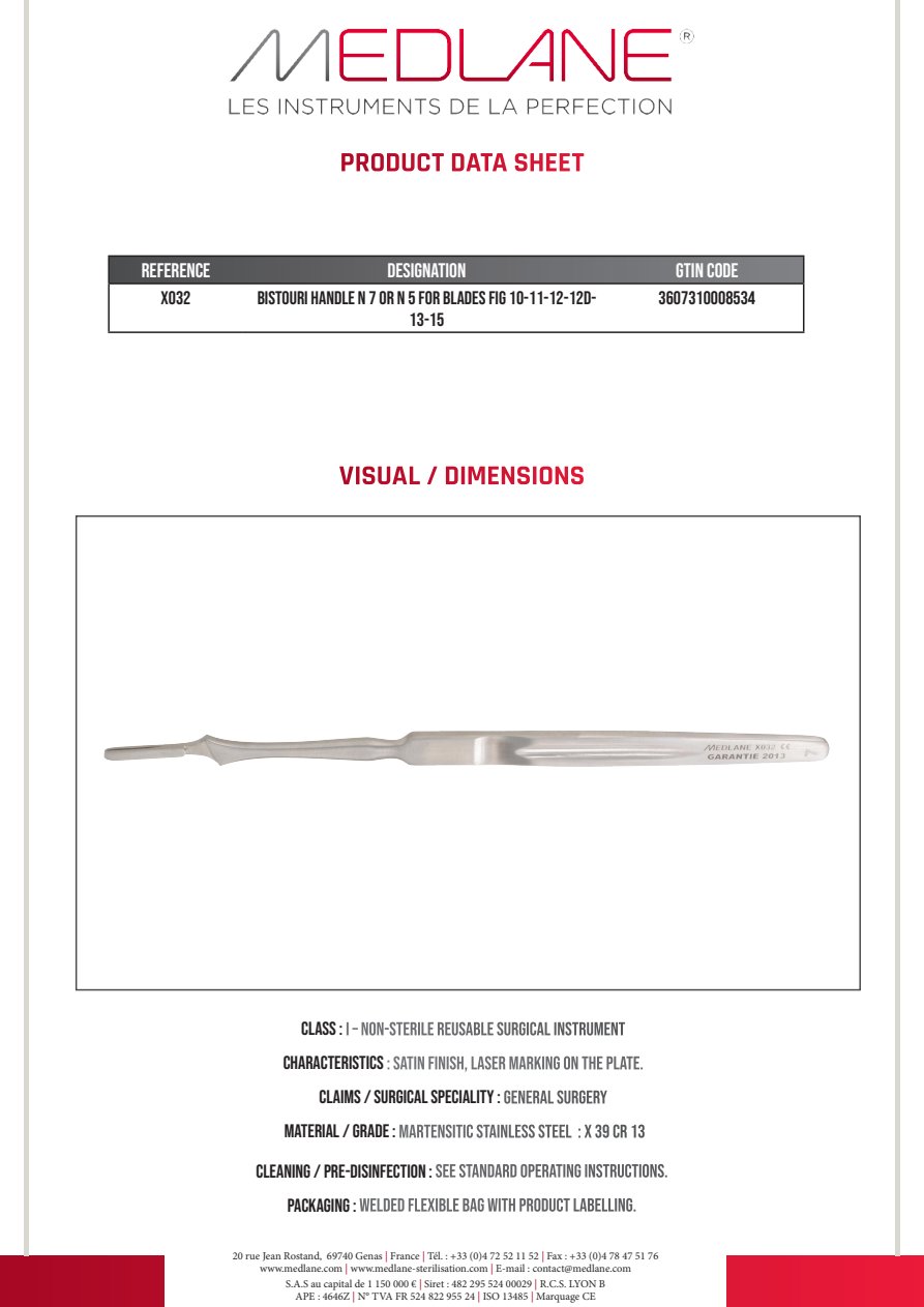 Photo produit MEDLANE : Bistouri Manche N 7 Ou N 5 pour Lames Figure 10-11-12-12D-13-15, référence X032