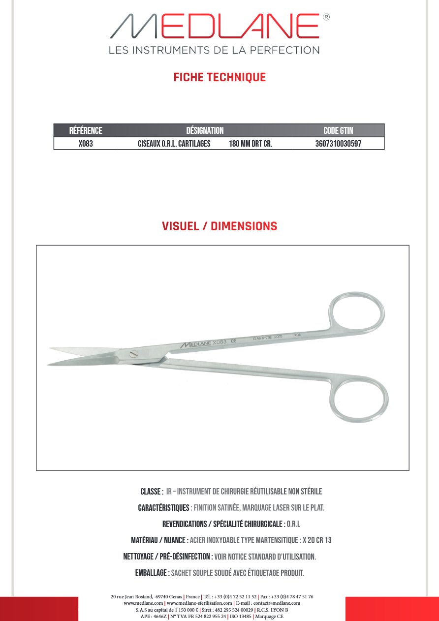 Ciseaux O.R.L. Cartilages 180 mm Droit Cr. — REF X083