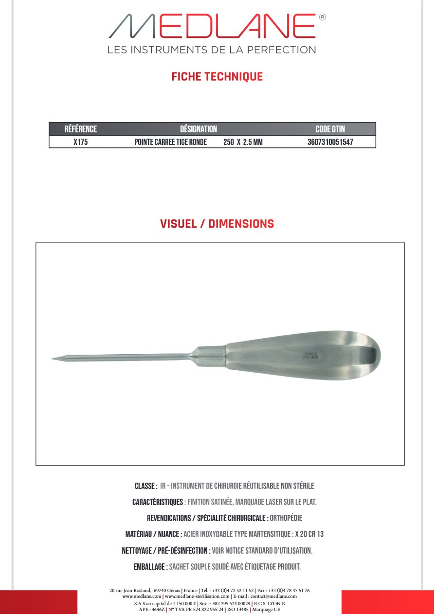 Pointe Carree Tige Ronde 250 X 2.5 mm — REF X175